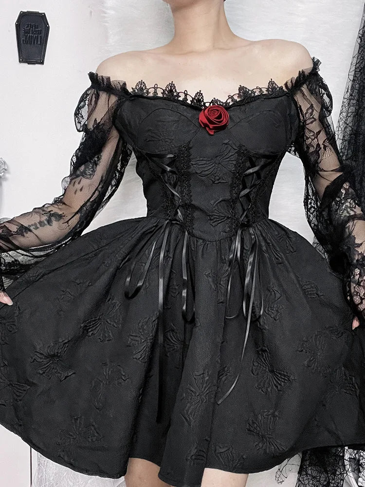 Sweetheart Lace Up Jacquard Bow Print Puff Sleeve Lolita Mini Dress