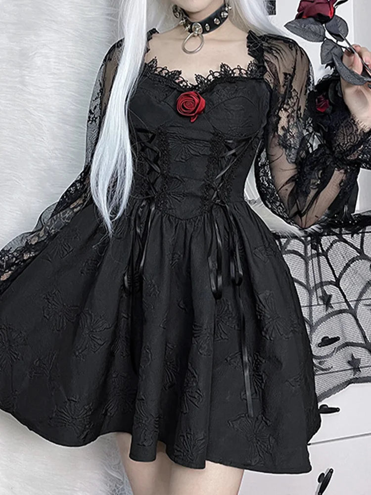 Gothic Jacquard Lace Up Corset Bishop Sleeve Puff Skirt Mini Dress