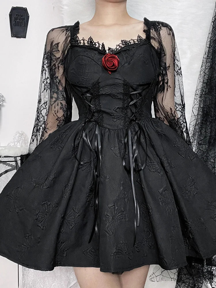 Gothic Jacquard Lace Up Corset Bishop Sleeve Puff Skirt Mini Dress