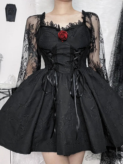 Gothic Jacquard Lace Up Corset Bishop Sleeve Puff Skirt Mini Dress