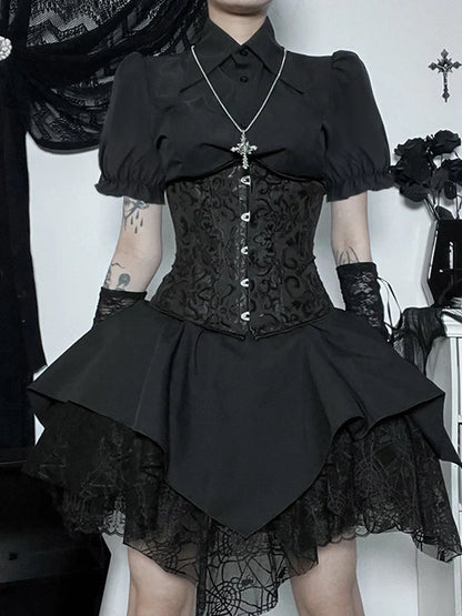 Gothic Brocade Corset Lace Up Tiered Handkerchief Lace Mini Skirt Set