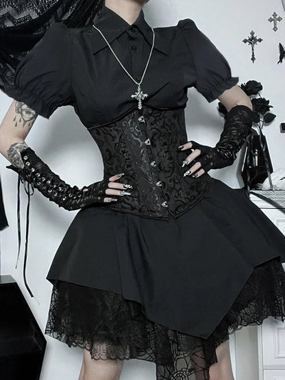 Gothic Brocade Corset Lace Up Tiered Handkerchief Lace Mini Skirt Set