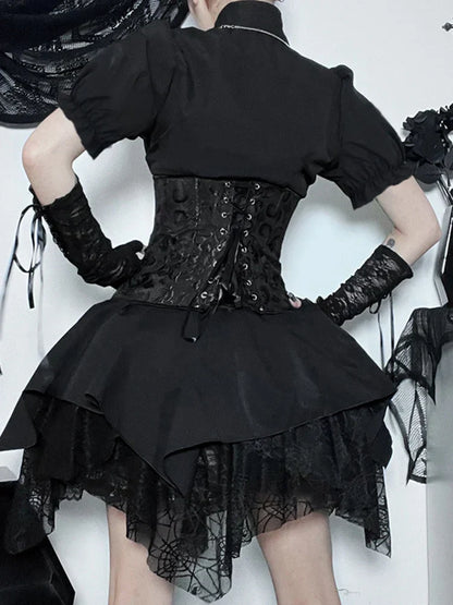 Gothic Brocade Corset Lace Up Tiered Handkerchief Lace Mini Skirt Set