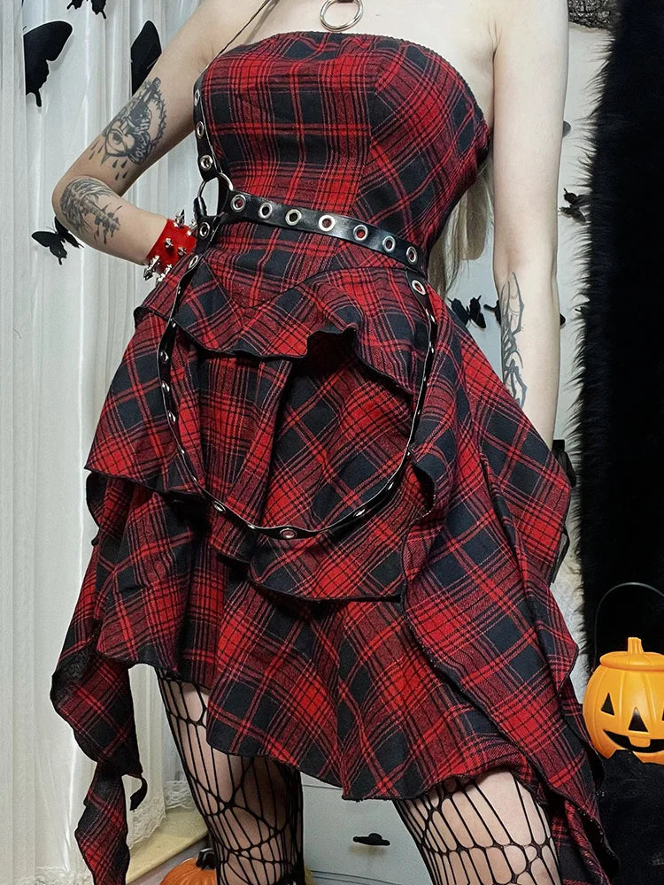 Red Plaid One Shoulder Irregular Strapless Backless Vintage Lolita Academy Dress