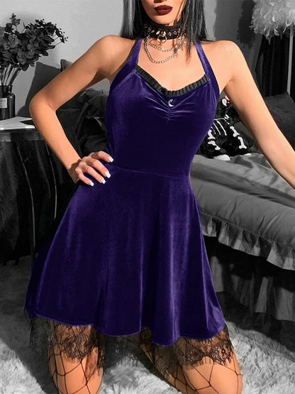 Velvet Gothic Green Halter Y2K Backless Lace Patchwork High Waist Mini Dress