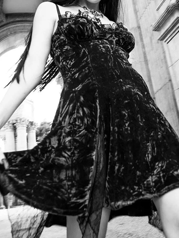 Y2K Gothic Vintage Mesh Velvet Mini Grunge Aesthetic Dark High Waist Slit Partywear Emo Lolita Clubwear Dress