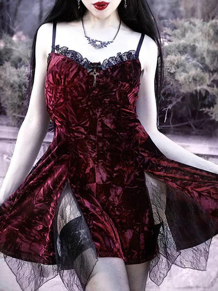 Crushed Velvet Lace Trim Sweetheart Lace Panel Slit Mini Dress