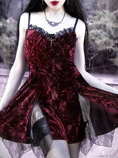 Y2K Gothic Vintage Mesh Velvet Mini Grunge Aesthetic Dark High Waist Slit Partywear Emo Lolita Clubwear Dress