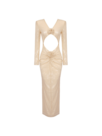 Sequin Long Sleeve Deep V-Neck Midriff Cutout 3D Floral Appliqué Maxi Dress
