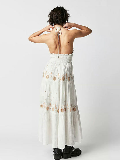 Floral Embroidery Plunging V-Neck Tie Waist Tiered Gauze Maxi Dress