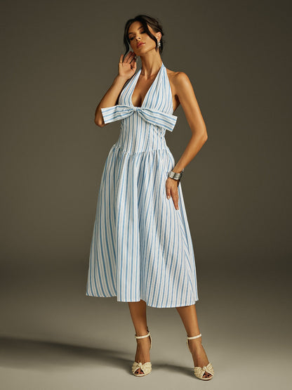 Halter Deep V-Neck Bow Bust Vertical Stripe Fit and Flare Midi Dress