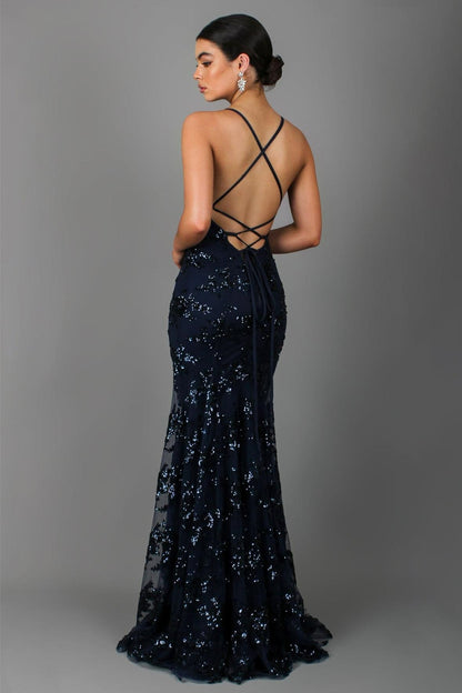 Plunging V Neck Sequin Embellished Spaghetti Strap Floor Length Gown