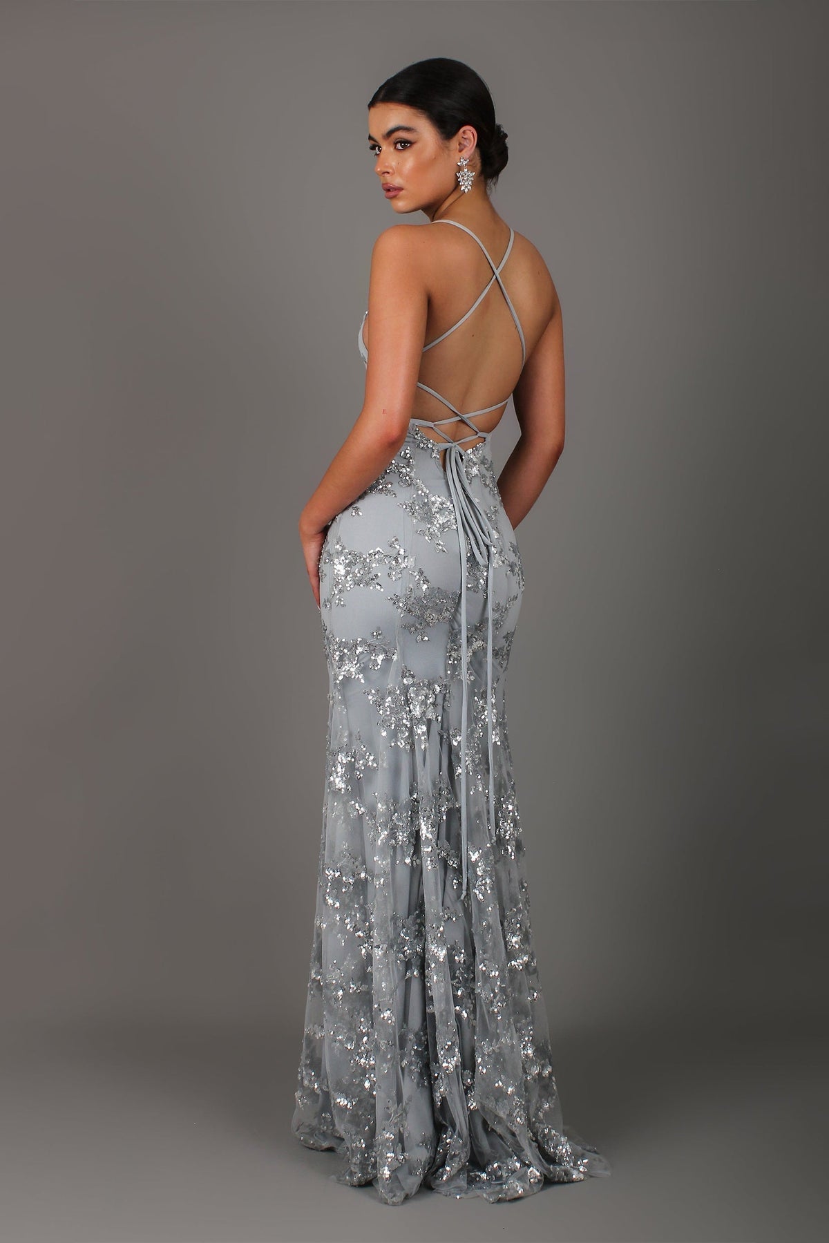 Plunging V Neck Sequin Embellished Spaghetti Strap Floor Length Gown