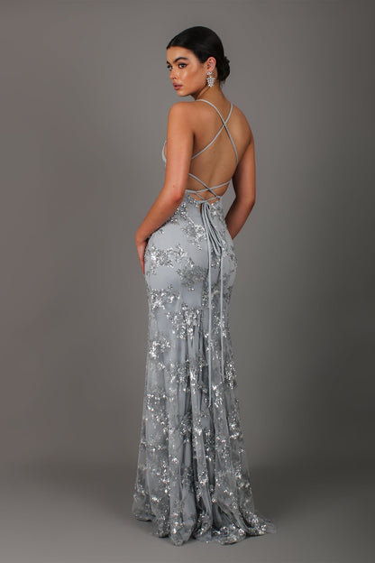 Plunging V Neck Sequin Embellished Spaghetti Strap Floor Length Gown