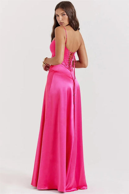 Spaghetti Strap Corset Bodice Basque Waist Satin Maxi Gown