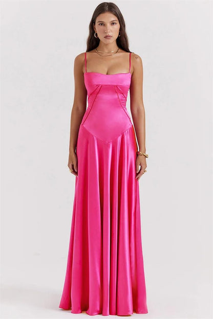 Spaghetti Strap Corset Bodice Basque Waist Satin Maxi Gown