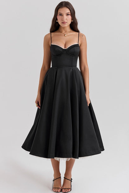 Satin Corset Sweetheart Spaghetti Strap Tiered Tulle Overlay Midi Dress