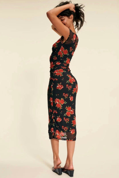 Floral Print Sweetheart Neck Cap Sleeve Ruched Bodycon Midi Dress