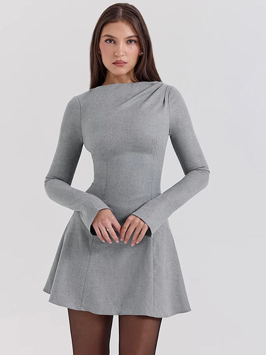 JULISSA MO Elegant Round Neck Women Dress Black Long Sleeve High Waist Mini Dress Female Autumn A-line Slim Party Clubwear 2025