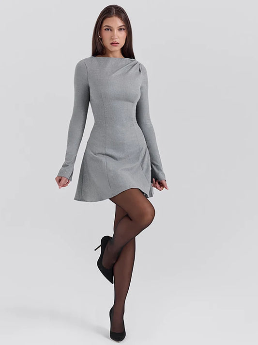 JULISSA MO Elegant Round Neck Women Dress Black Long Sleeve High Waist Mini Dress Female Autumn A-line Slim Party Clubwear 2025