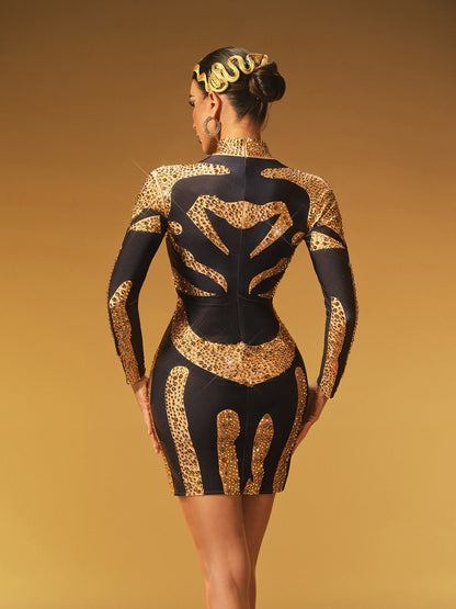 Mock Neck Long Sleeve Sequin Scroll Pattern Bodycon Mini Dress
