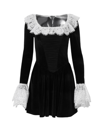Lace Collar and Cuff Velvet Ruched Bodice Mini Dress