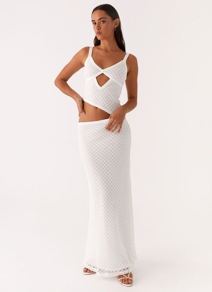 Crochet Diamond Knit Cross Front Cutout Cami Low Rise Maxi Skirt Set