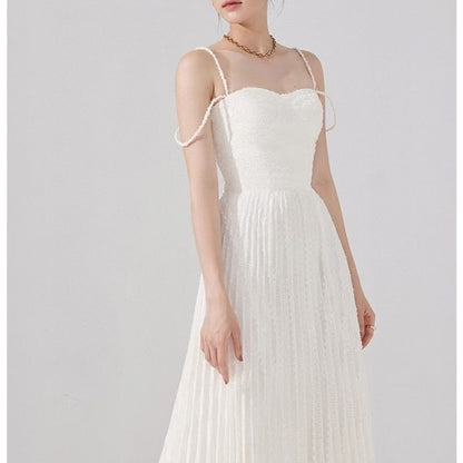 Cold Shoulder Frayed Strap Textured Pleated Corset Bodice Maxi Dress