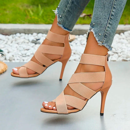 Stylish Khaki Super High Heel Open Toes Elastic Crossover Zipper High Heel