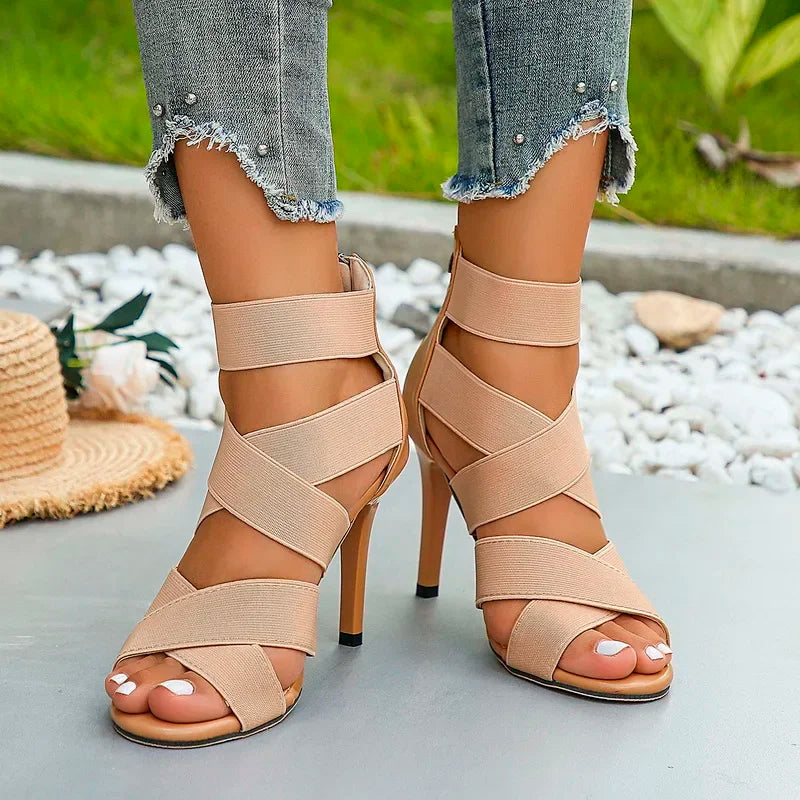 Stylish Khaki Super High Heel Open Toes Elastic Crossover Zipper High Heel