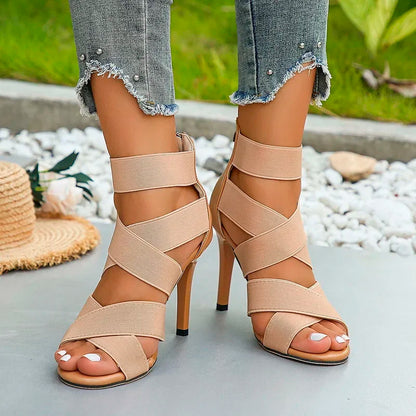 Stylish Khaki Super High Heel Open Toes Elastic Crossover Zipper High Heel