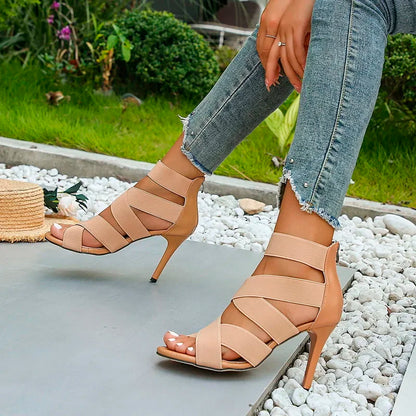 Stylish Khaki Super High Heel Open Toes Elastic Crossover Zipper High Heel
