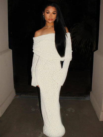Stylish Knitted Sheer Beach Hollow Out Off-Shoulder Elegant Long Sleeve Maxi Dress
