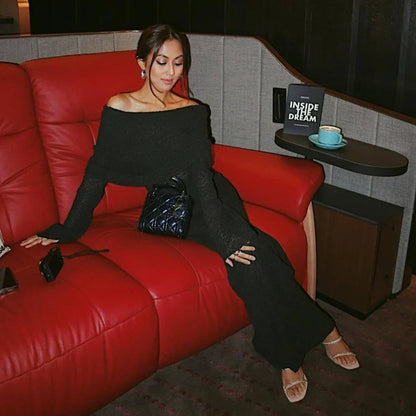Stylish Knitted Sheer Beach Hollow Out Off-Shoulder Elegant Long Sleeve Maxi Dress