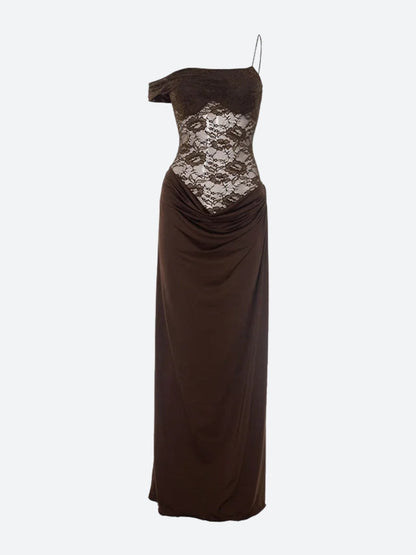 One Shoulder Floral Lace Bodice Draped Maxi Gown