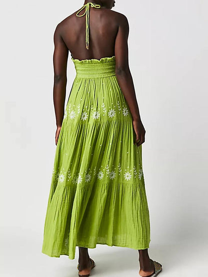 Floral Embroidery Plunging V-Neck Tie Waist Tiered Gauze Maxi Dress
