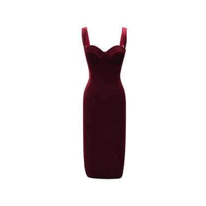Velvet Corset Bustier Sweetheart Neck Wide Strap Bodycon Midi Dress