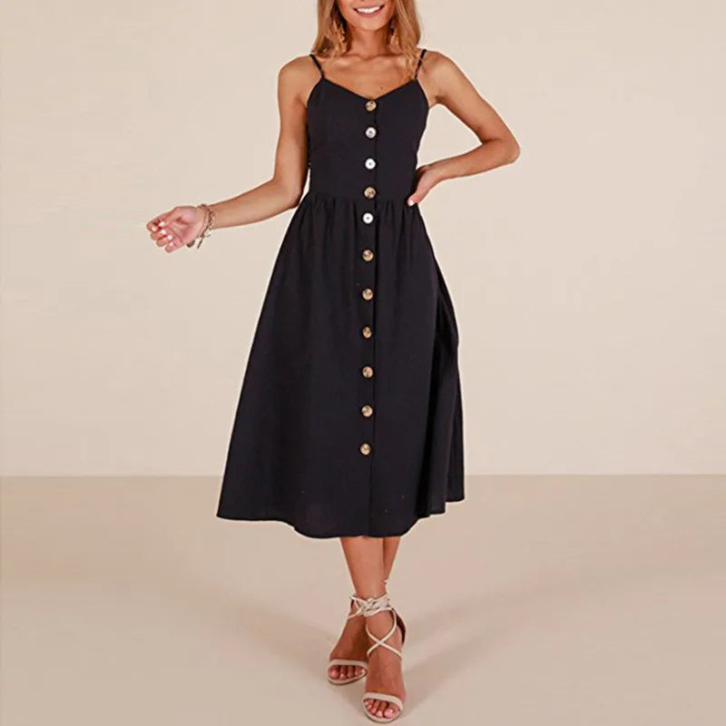 Spaghetti Strap Button Front A-Line Midi Dress