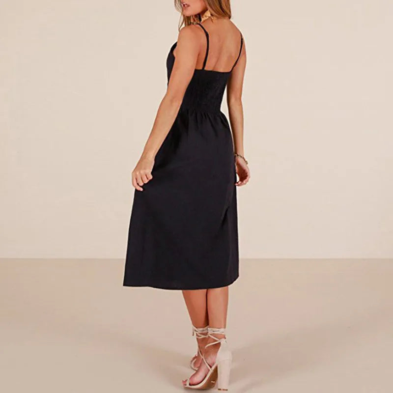 Spaghetti Strap Button Front A-Line Midi Dress