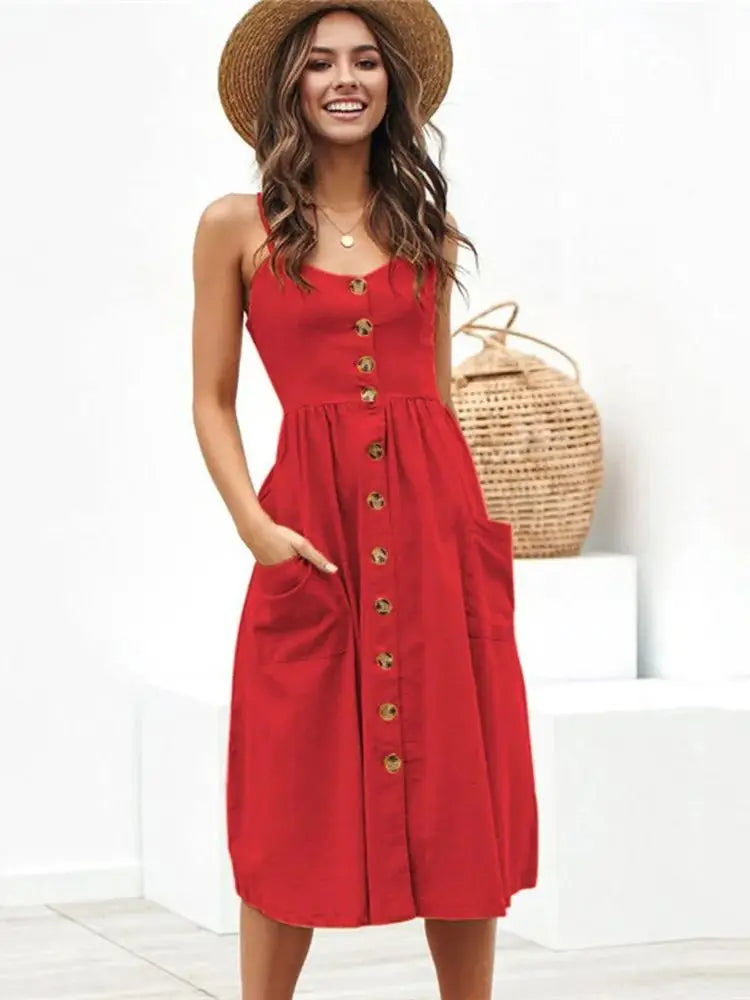 Spaghetti Strap Button Front A-Line Midi Dress