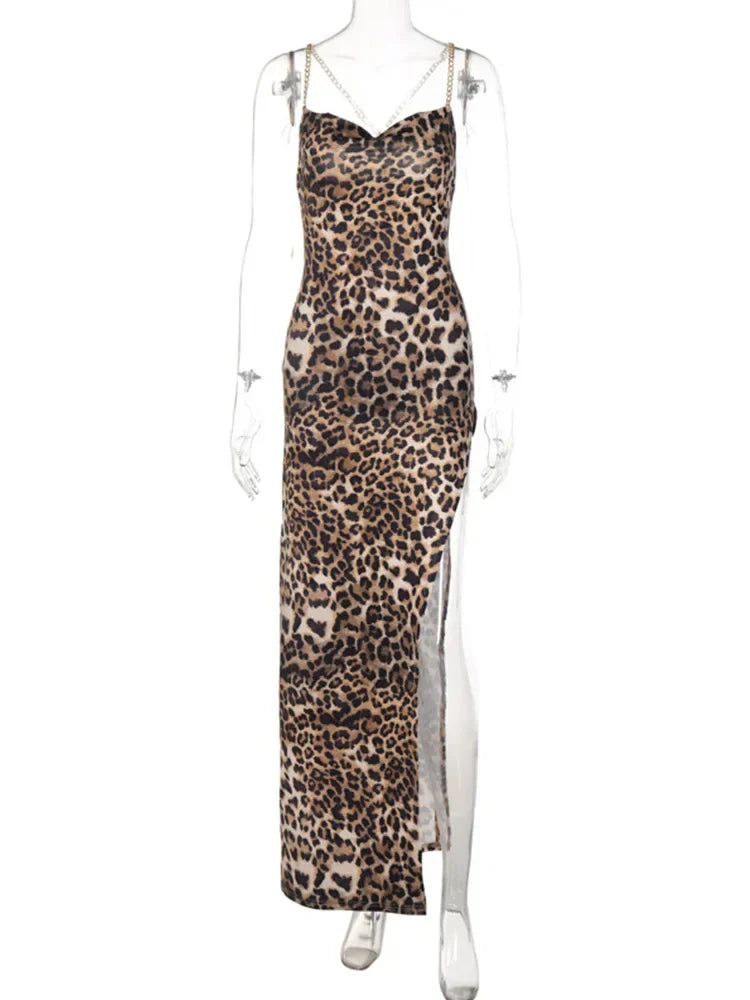 Print Cowl Neck Chain Strap High Slit Bodycon Maxi Dress