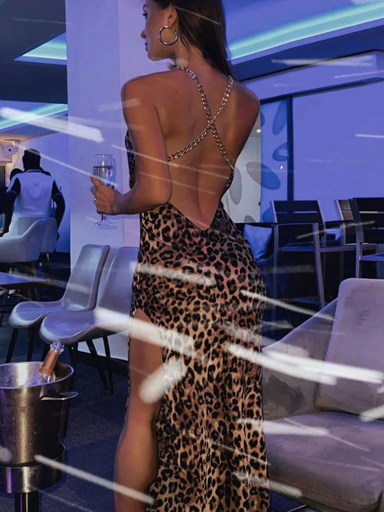 Leopard Chain Strap Side Slit Backless Festival Elegant Midi Dresses