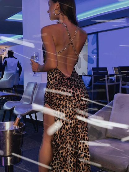 Chain Strap Cowl Neck Print High Slit Maxi Dress