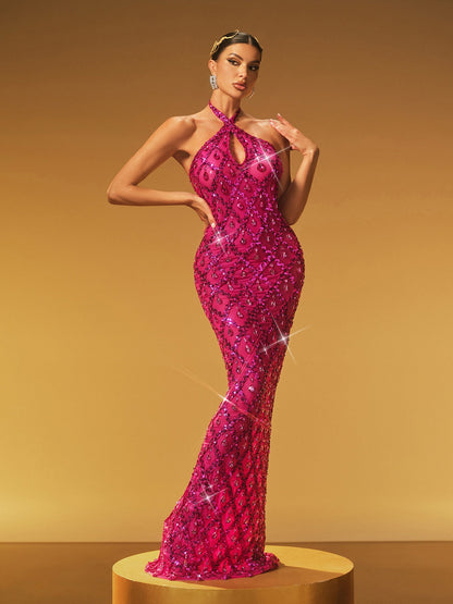 Halter Keyhole Lattice Rhinestone Sequin Mermaid Maxi Dress
