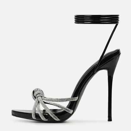 Bold New Arrival Silver Crystal Narrow Band Open Toe High Heel