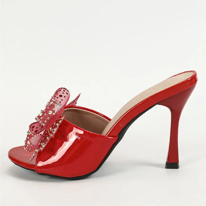 Elegant 2024 Patent Leather Women Crystal Mesh Bowknot High Heel