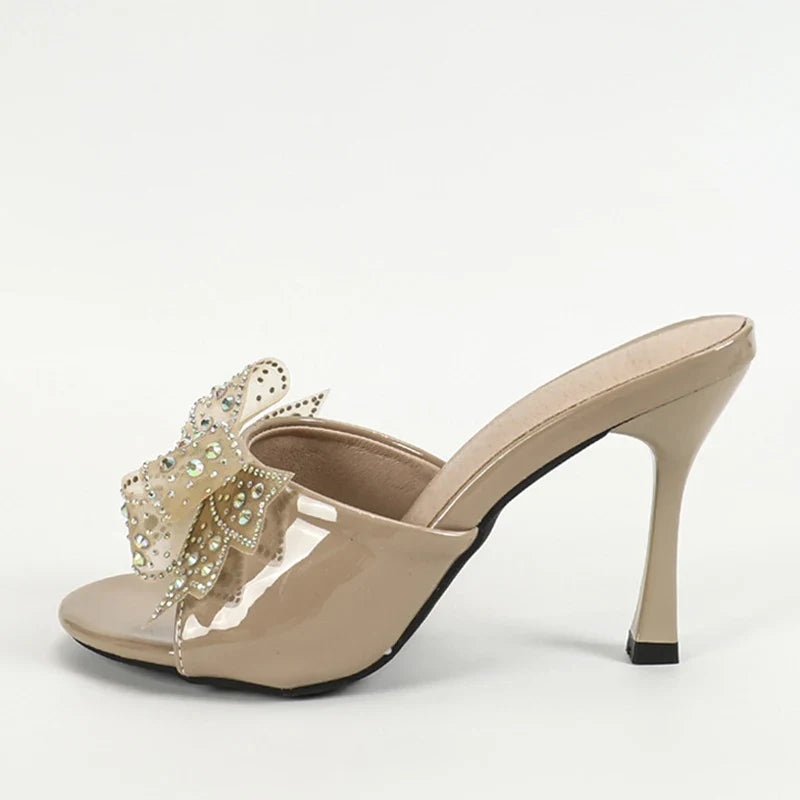 Elegant 2024 Patent Leather Women Crystal Mesh Bowknot High Heel