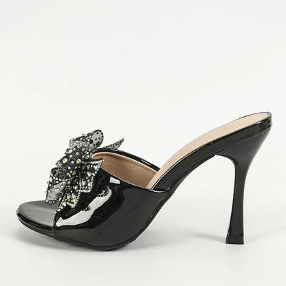 Elegant 2024 Patent Leather Women Crystal Mesh Bowknot High Heel