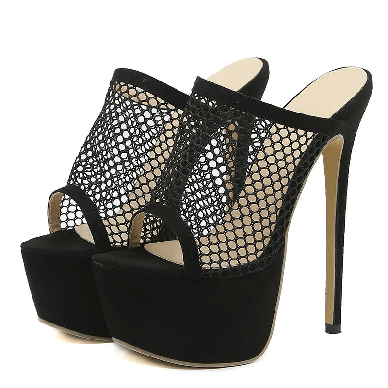 Liyke 2025 Peep Toe Platform Heels Black Mesh Summer Sandals Women’s Party Shoes