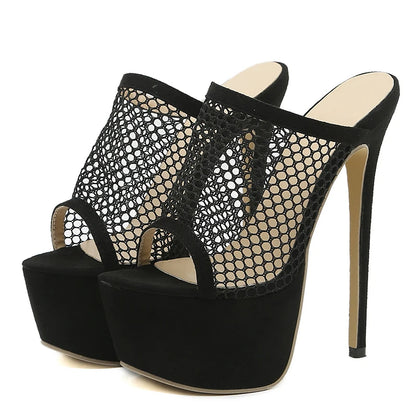 Liyke 2025 Peep Toe Platform Heels Black Mesh Summer Sandals Women’s Party Shoes